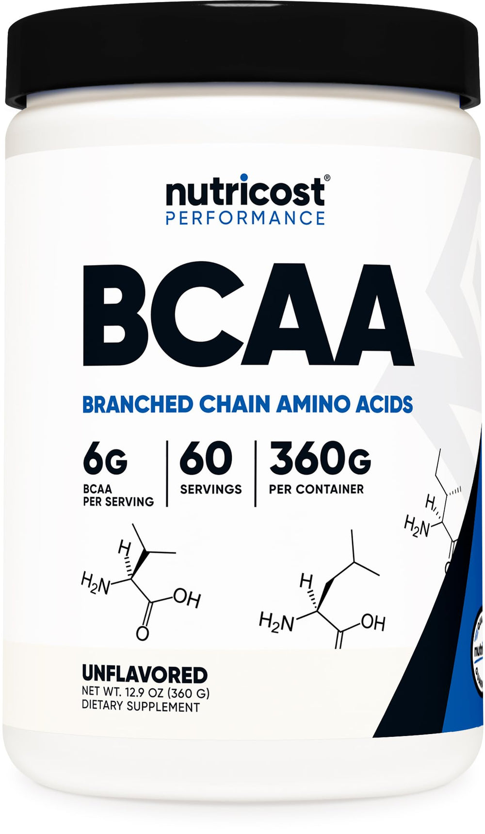 Nutricost BCAA powder bottle shows vegetarian, gluten-free formula for active lifestyles.