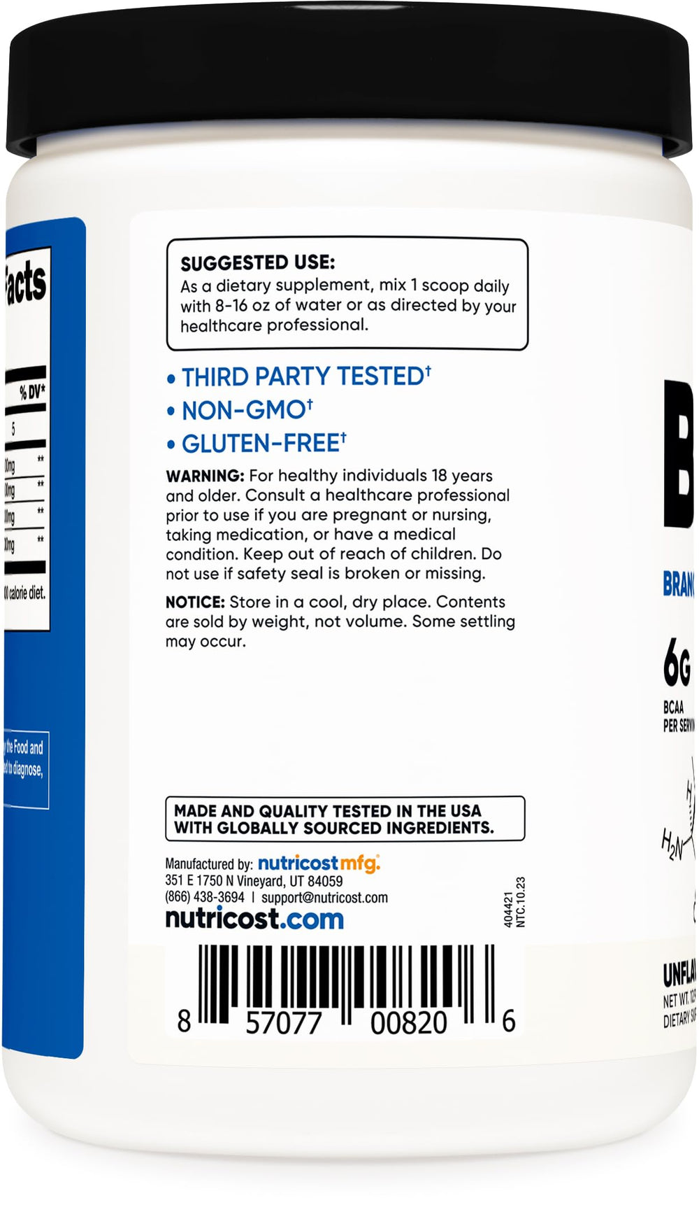 Nutricost BCAA powder close-up highlights the 2:1:1 ratio for daily use.