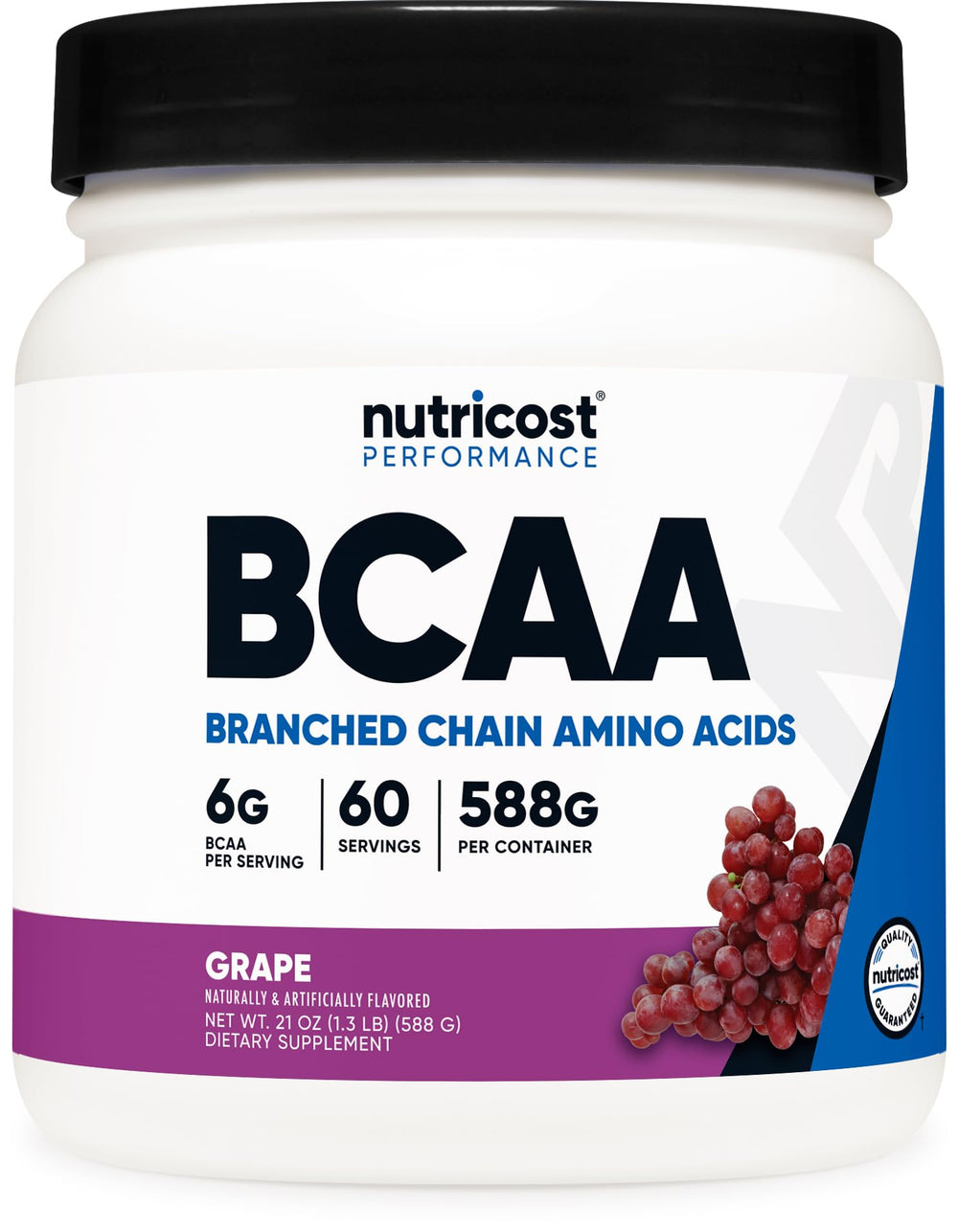 Nutricost BCAA powder grape bottle supports post-workout recovery.