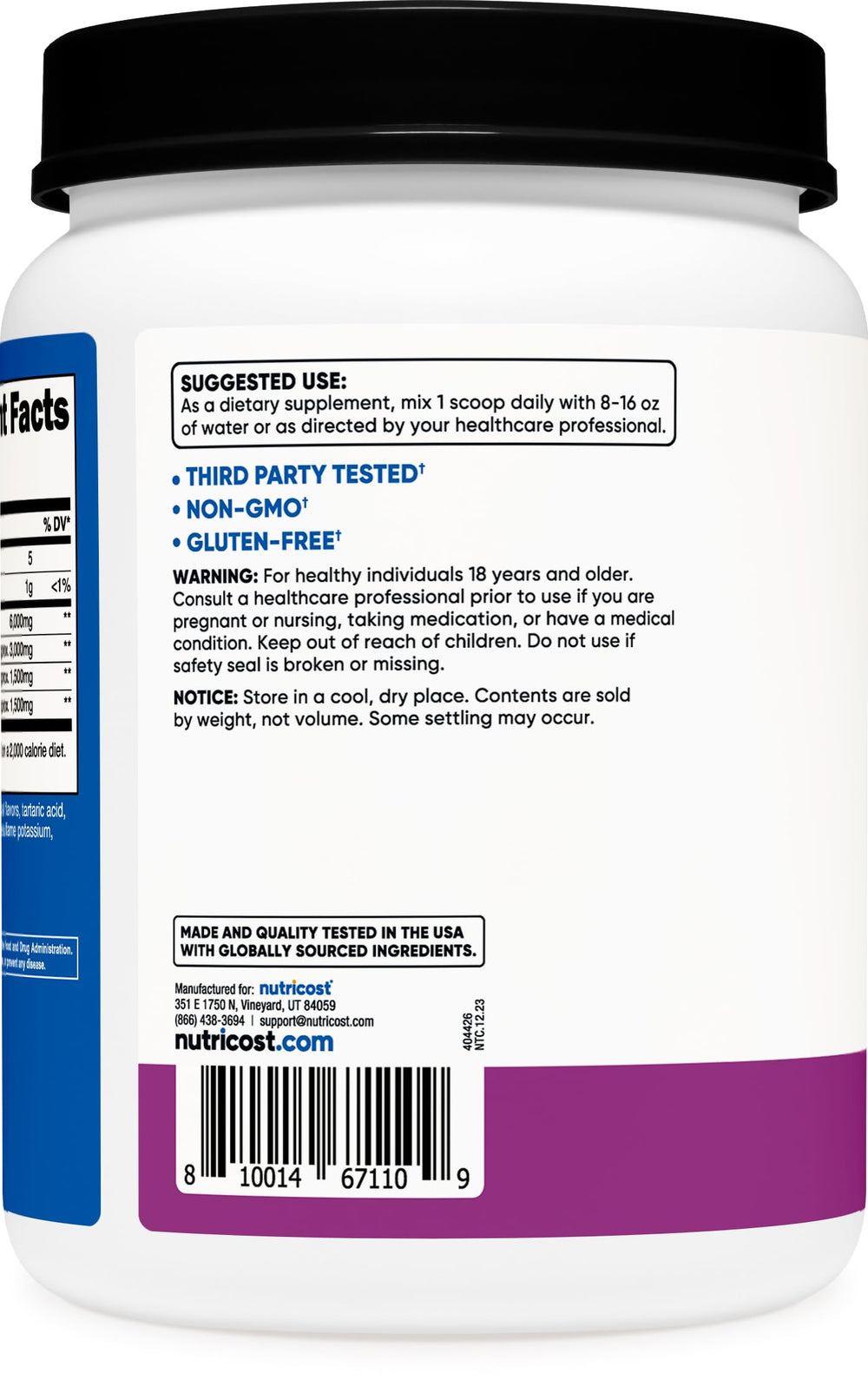 Nutricost BCAA Powder Grape label highlights gluten-free and non-GMO.