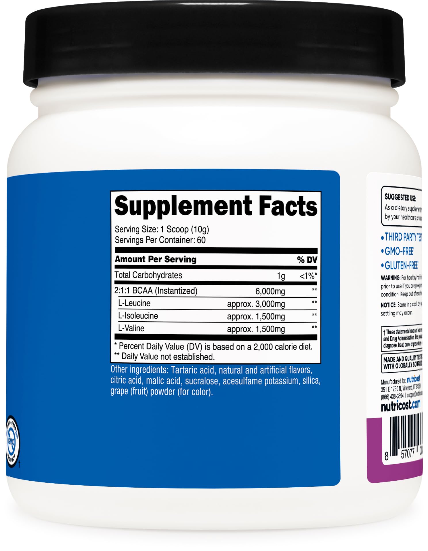 Nutricost BCAA powder grape packaging highlights quality and safety.