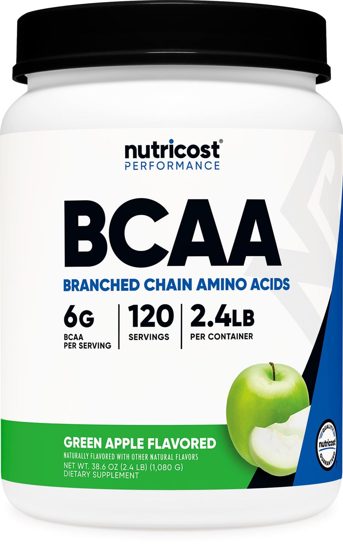 Nutricost BCAA Powder Green Apple front tub view, ideal for pre- or post-workout use.