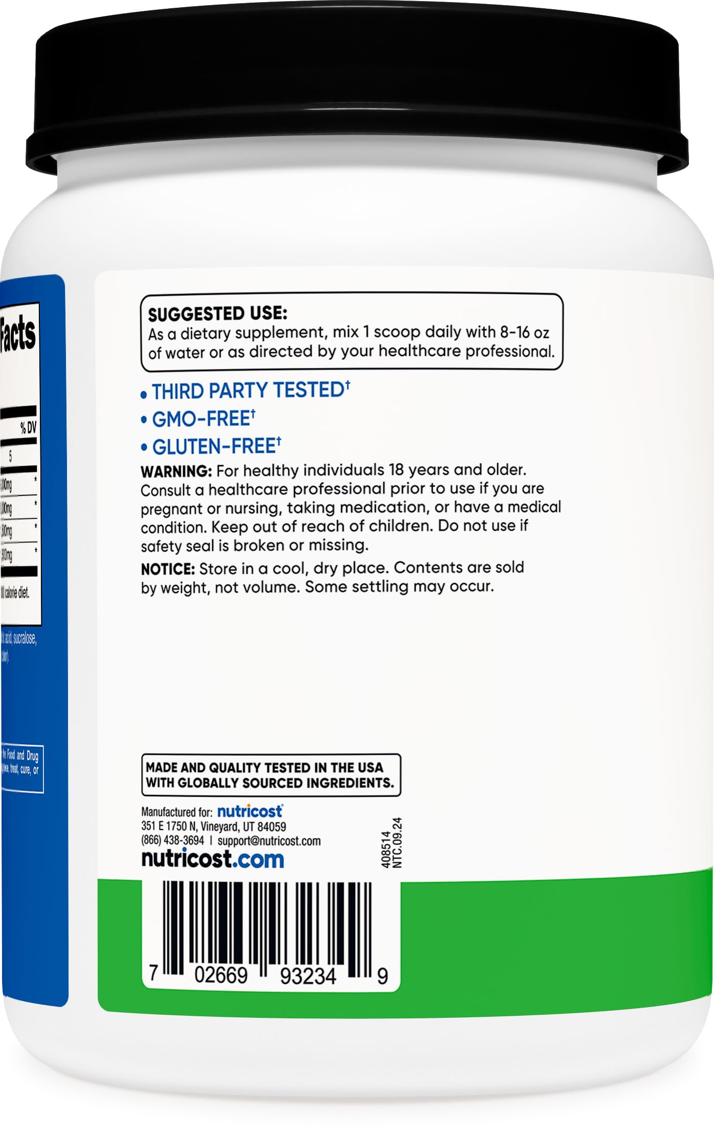 Nutricost BCAA Green Apple nutrition facts panel, gluten-free and vegan-friendly.