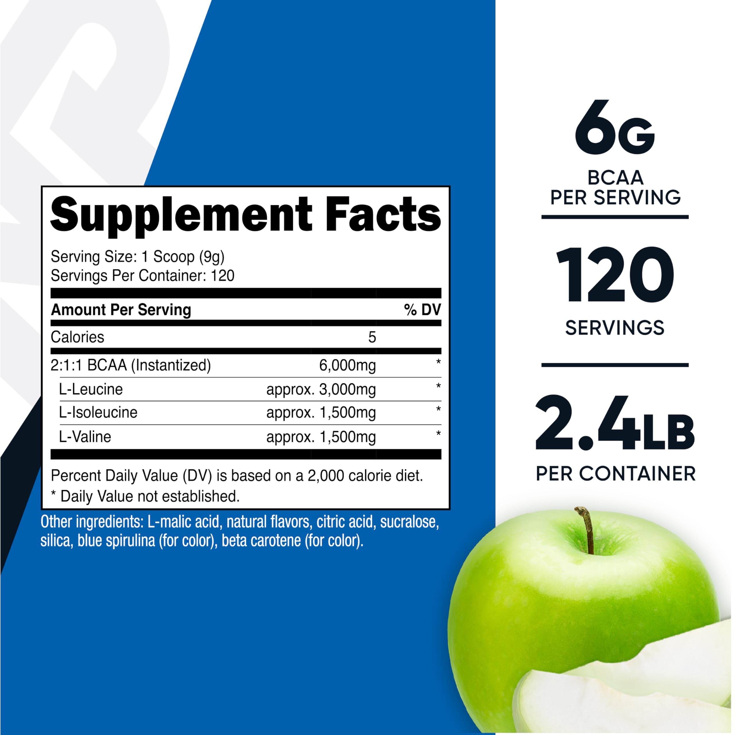 Nutricost BCAA Powder Green Apple with scoop, easy dosing for workouts.