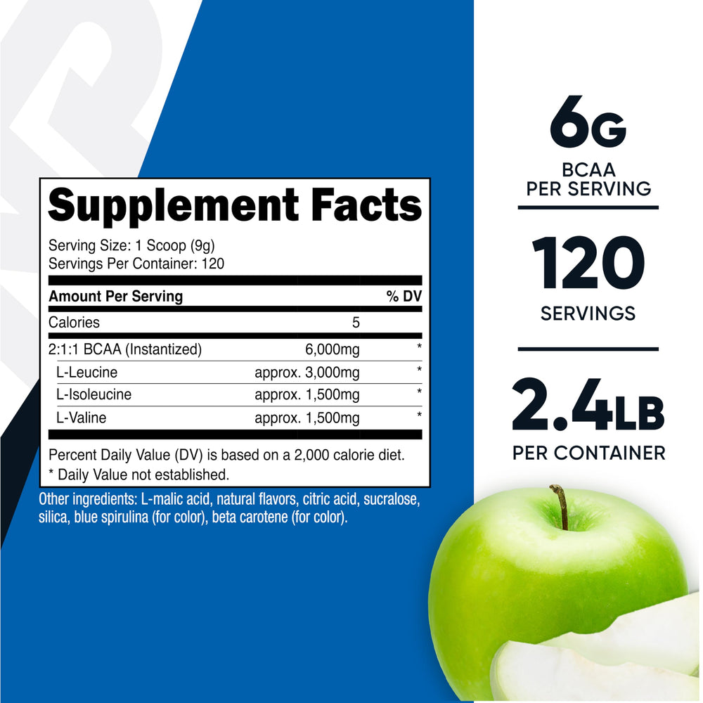Nutricost BCAA Powder Green Apple with scoop, easy dosing for workouts.