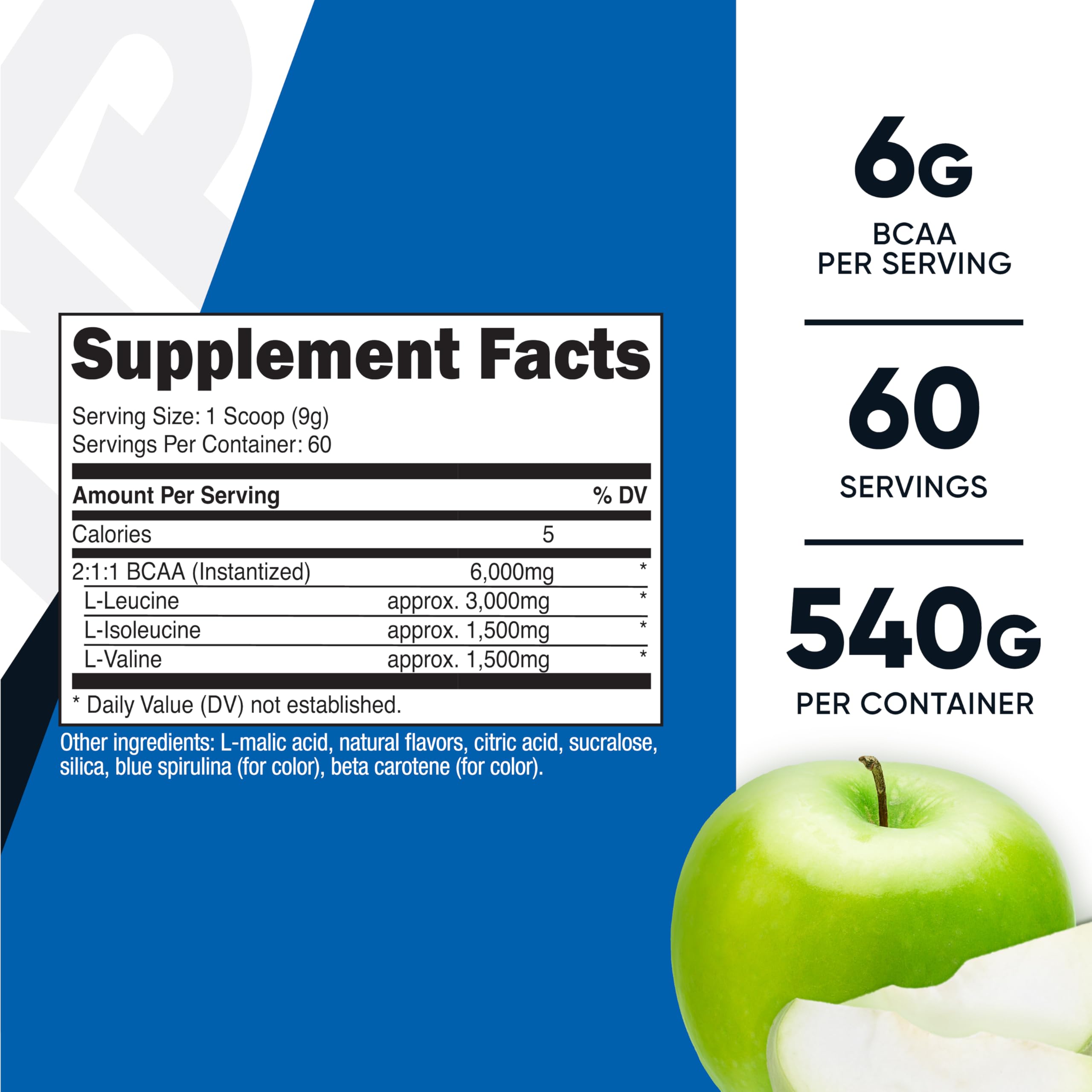Nutricost BCAA Powder scoop close-up highlights 6g BCAAs per serving for workouts.
