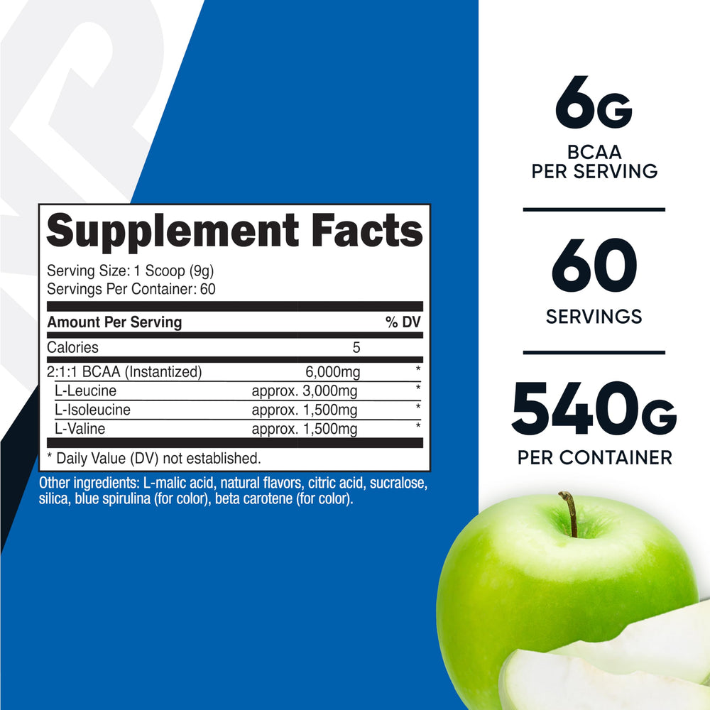 Nutricost BCAA Powder scoop close-up highlights 6g BCAAs per serving for workouts.