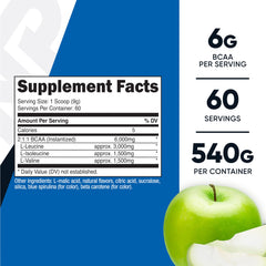 Nutricost BCAA Powder scoop close-up highlights 6g BCAAs per serving for workouts.
