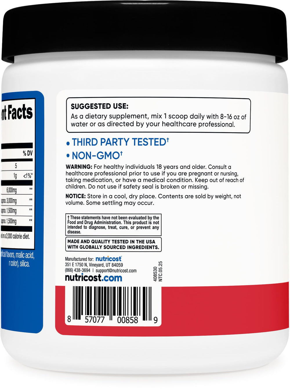Nutricost BCAA Powder label highlights non-GMO and gluten-free formula.