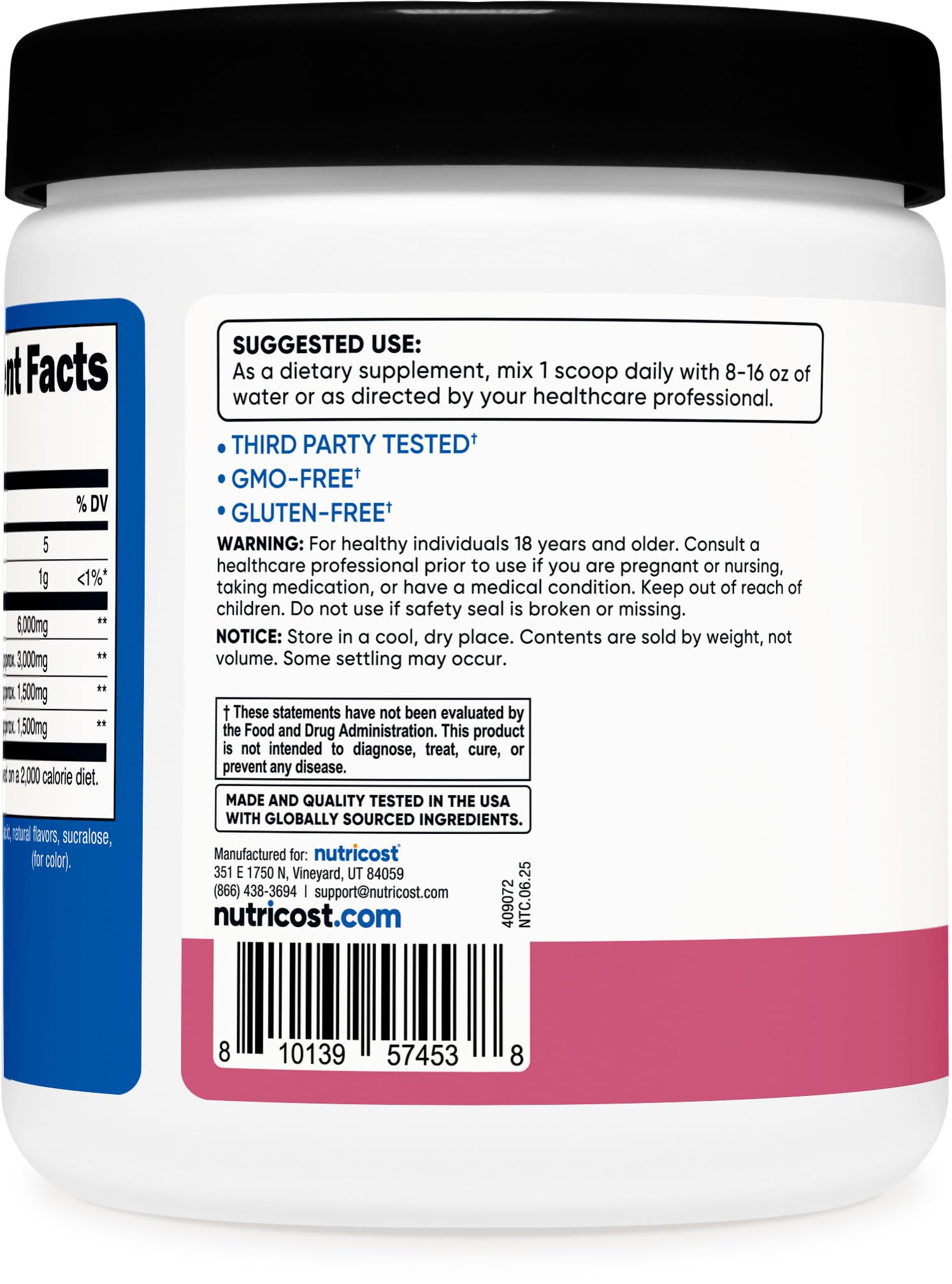 Nutricost BCAA Powder box emphasizes gluten-free and tested quality.