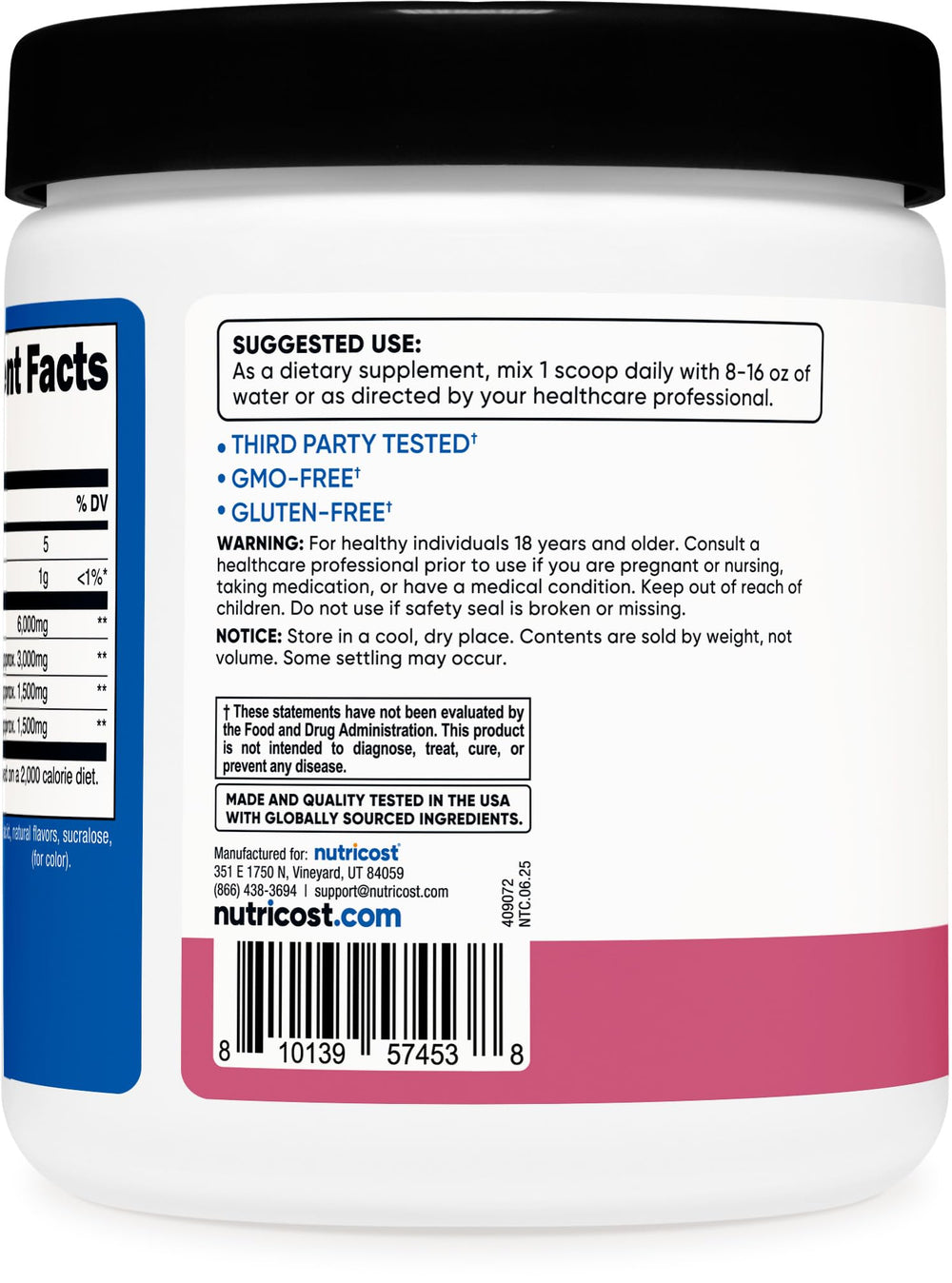 Nutricost BCAA Powder box emphasizes gluten-free and tested quality.