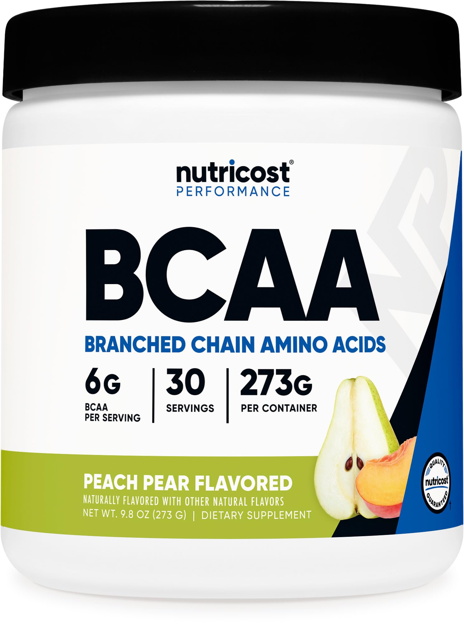Nutricost BCAA Powder Peach Pear front label shows gluten-free vegetarian formula for daily use