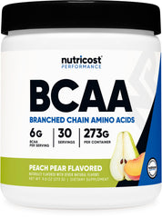 Nutricost BCAA Powder Peach Pear front label shows gluten-free vegetarian formula for daily use