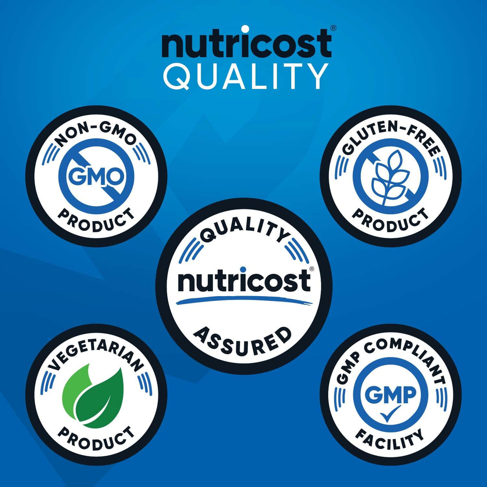 Nutricost BCAA Powder Peach Pear jar emphasizes vegetarian GMO-free ingredients