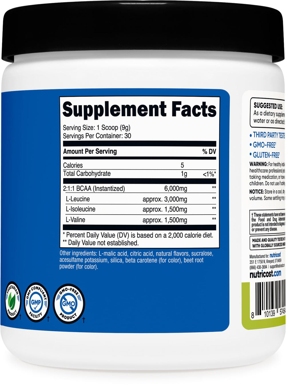 Nutricost BCAA Peach Pear nutrition facts panel signals quality and testing