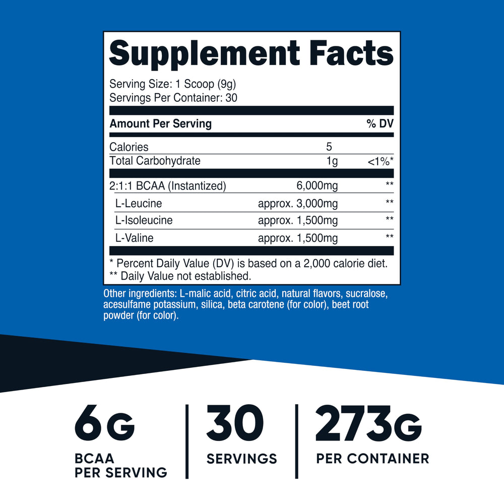 Nutricost BCAA Powder Peach Pear scoop highlights convenient 30-serving portion for on-the-go mixing