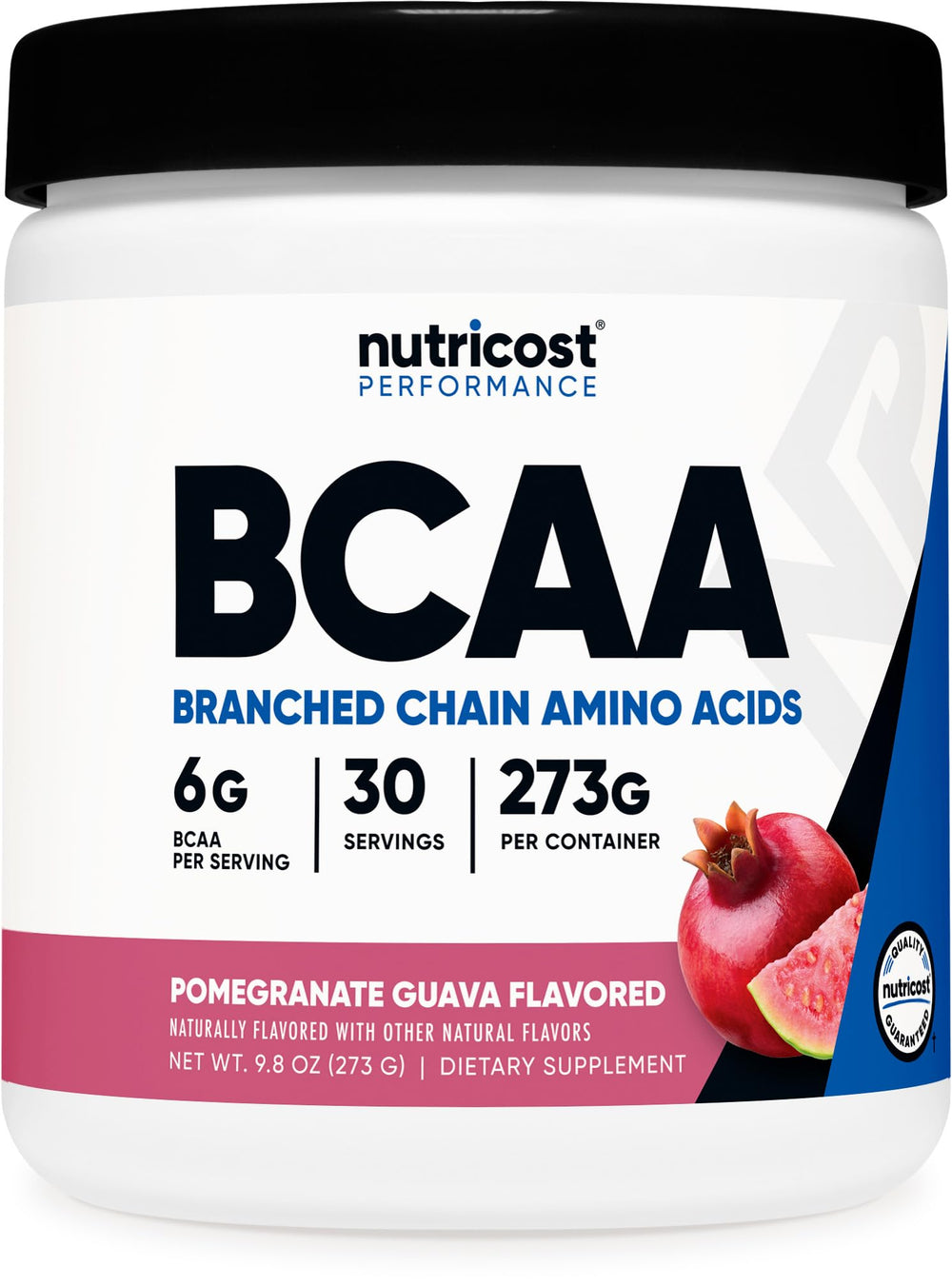 Nutricost BCAA Powder bottle with Pomegranate Guava flavor for post-workout support.