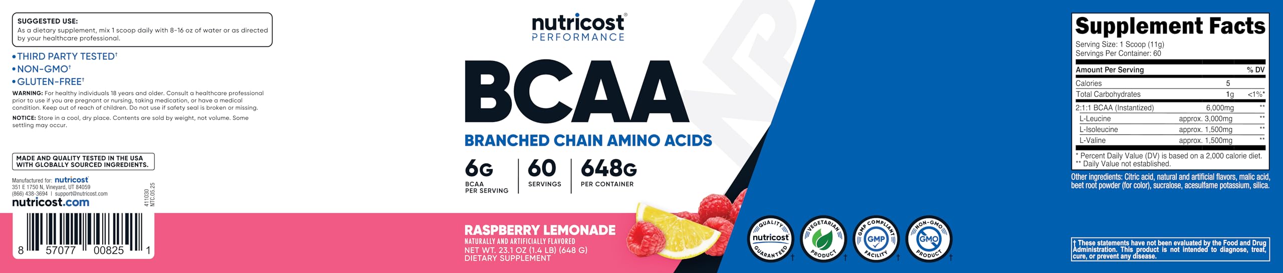 Nutricost BCAA Raspberry Lemonade jar-front emphasizing flavor options and quality.