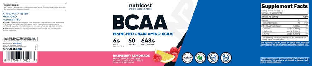 Nutricost BCAA Raspberry Lemonade jar-front emphasizing flavor options and quality.