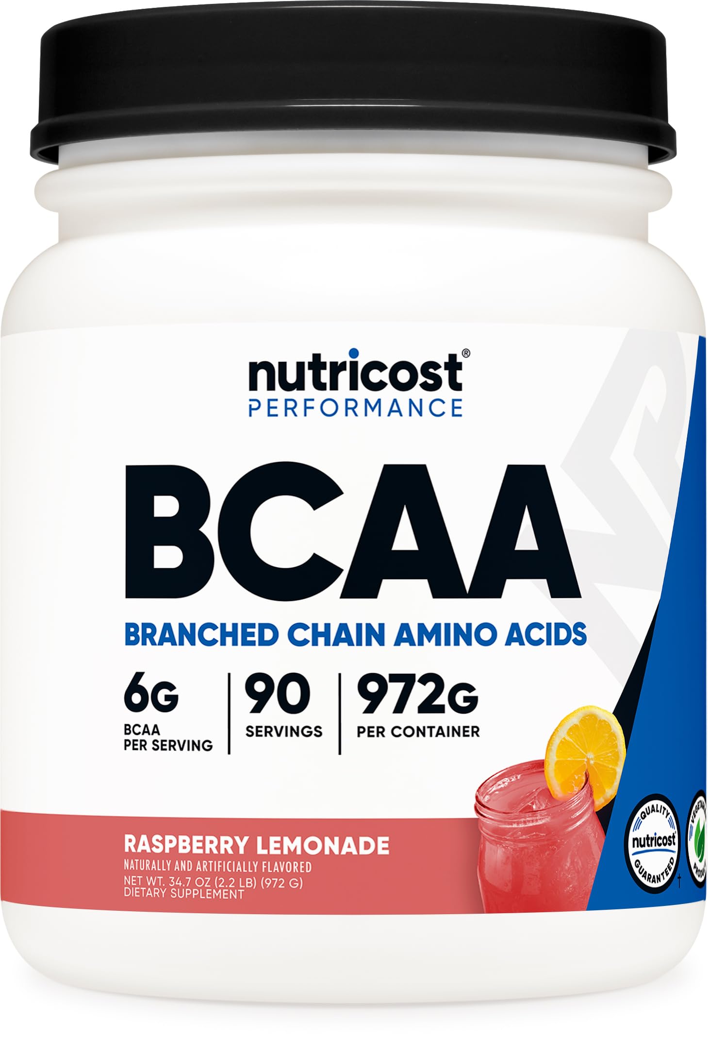 Nutricost BCAA Raspberry Lemonade label highlights quality formula for training sessions