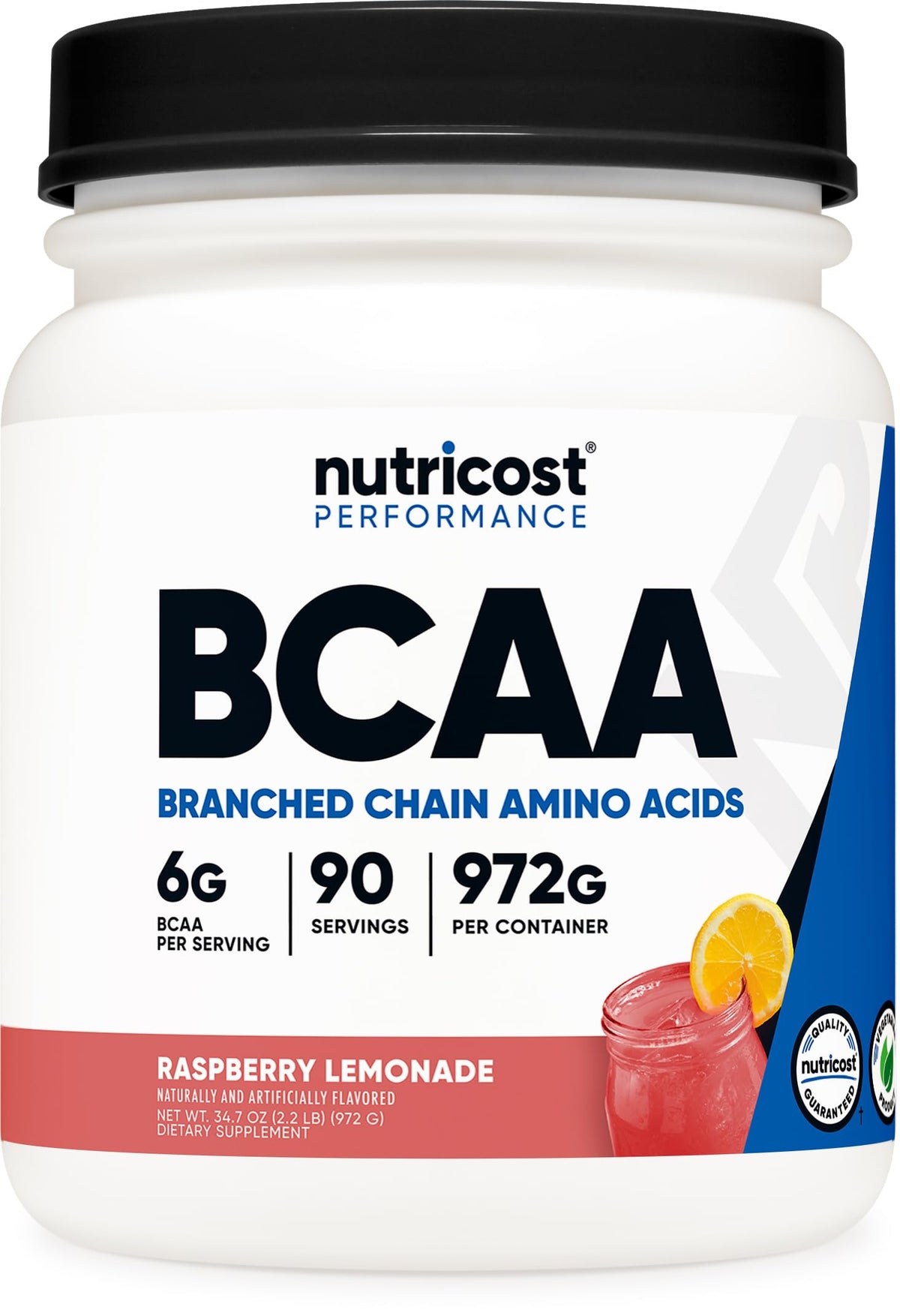 Nutricost BCAA Raspberry Lemonade label highlights quality formula for training sessions