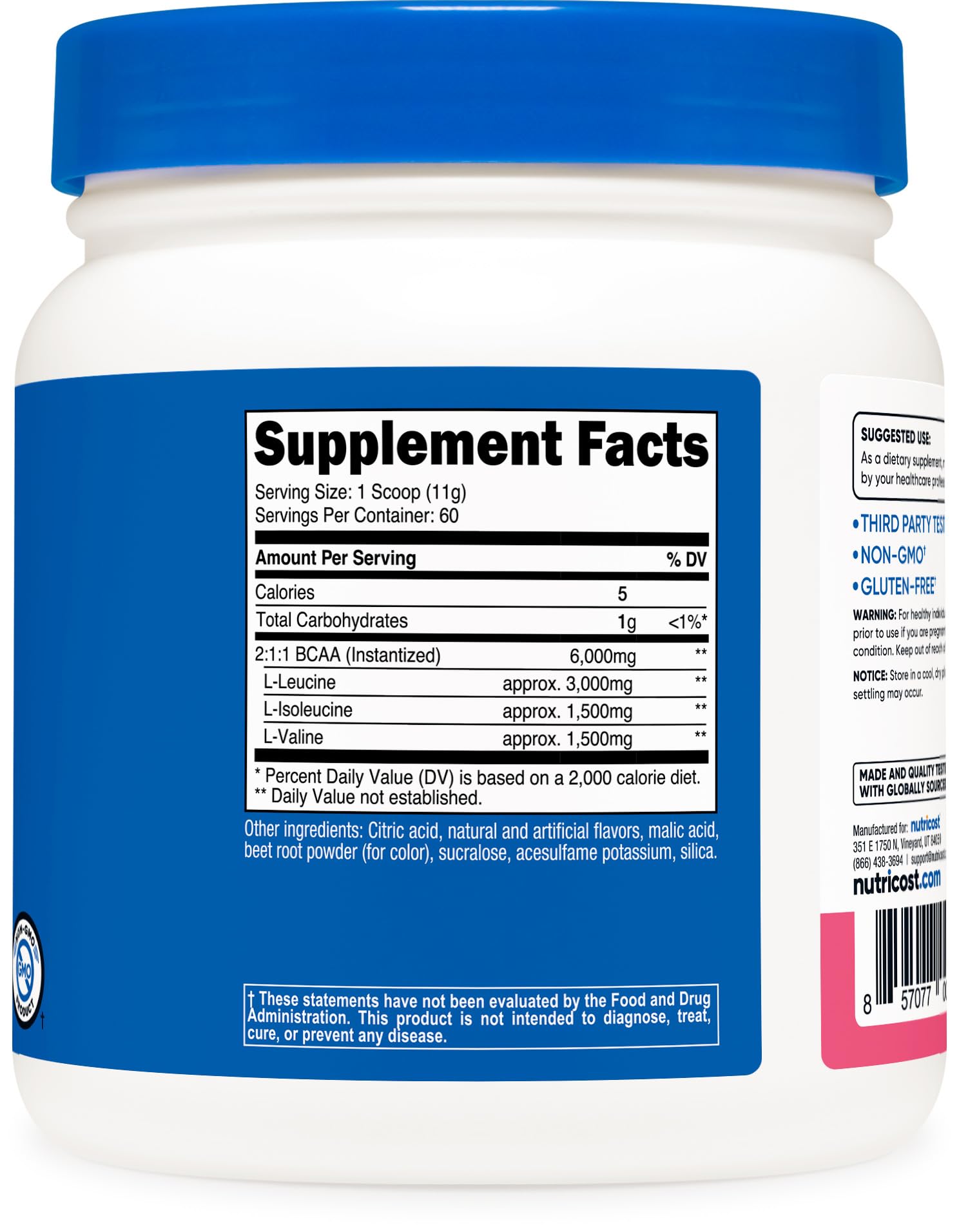 Nutricost BCAA Raspberry Lemonade powder closeup revealing vibrant flavor cues.