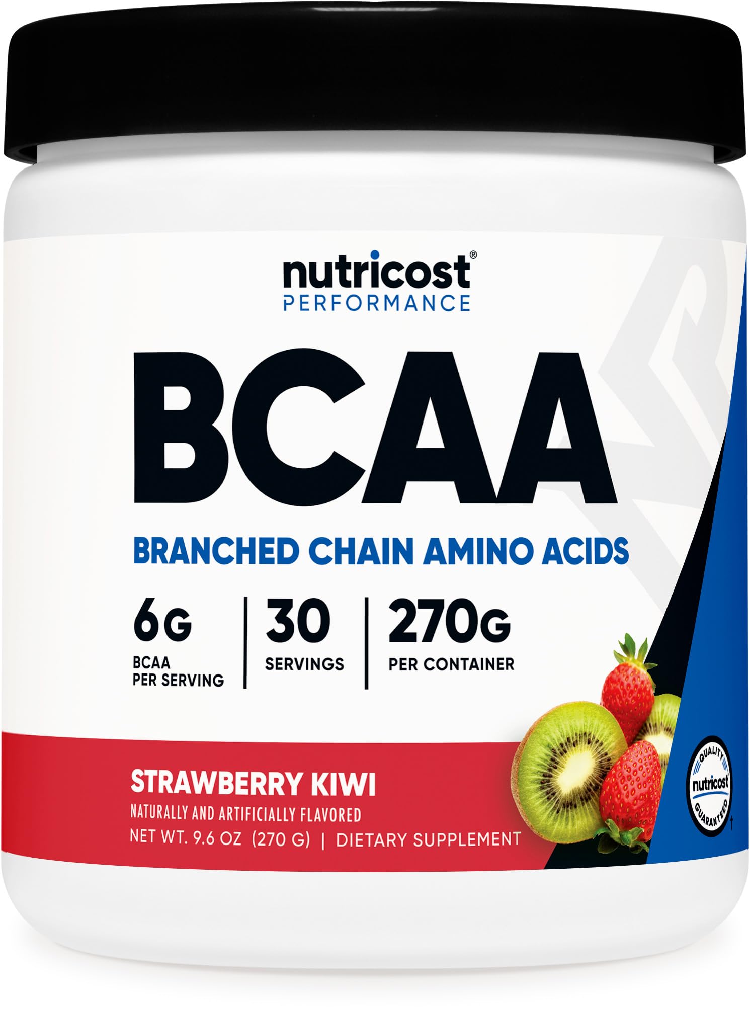 Nutricost BCAA Powder bottle with Strawberry Kiwi flavor for post-workout recovery.