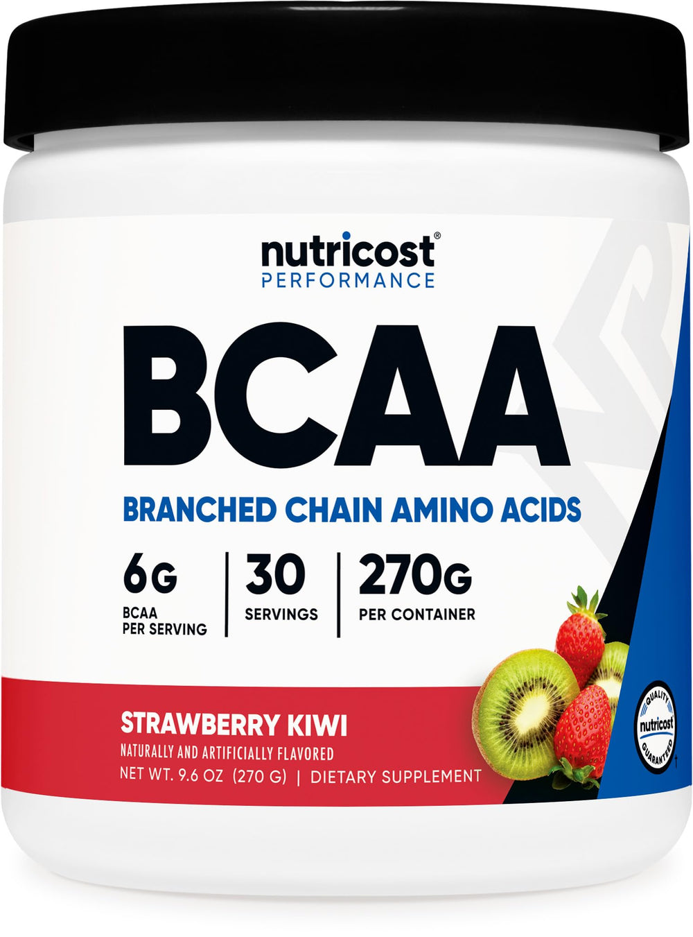 Nutricost BCAA Powder bottle with Strawberry Kiwi flavor for post-workout recovery.