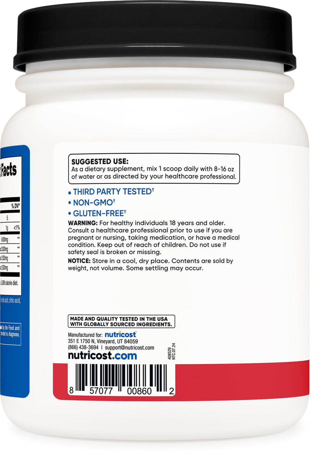 Nutricost BCAA Powder label confirms NSF-certified GMP-compliant production