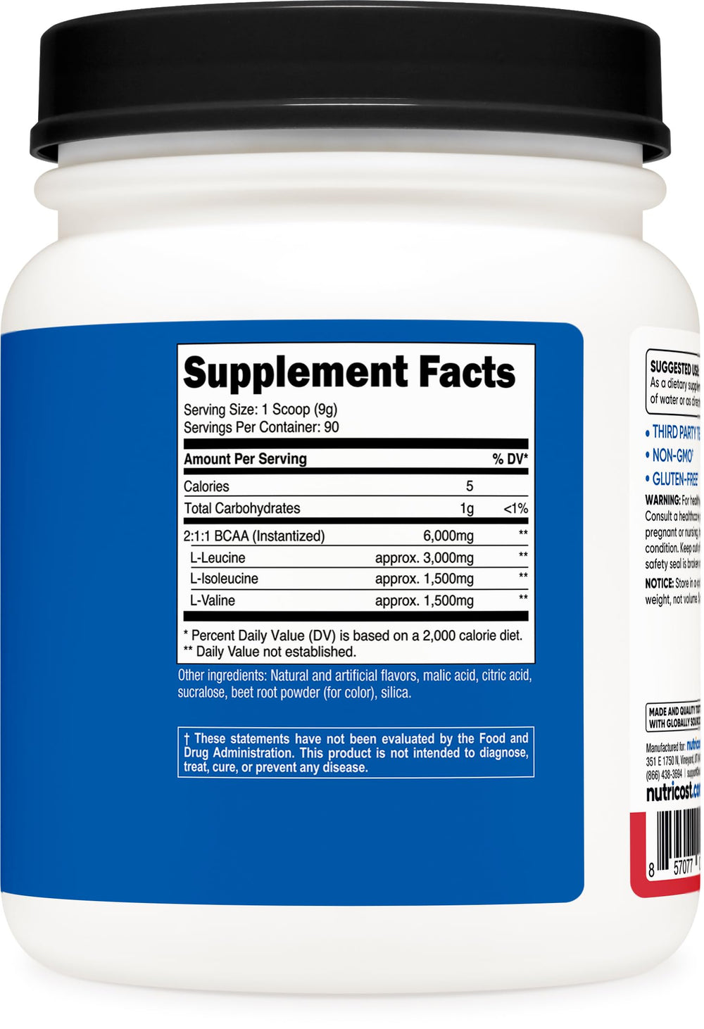 Nutricost BCAA Powder bottle with ISO-tested third-party quality assurance
