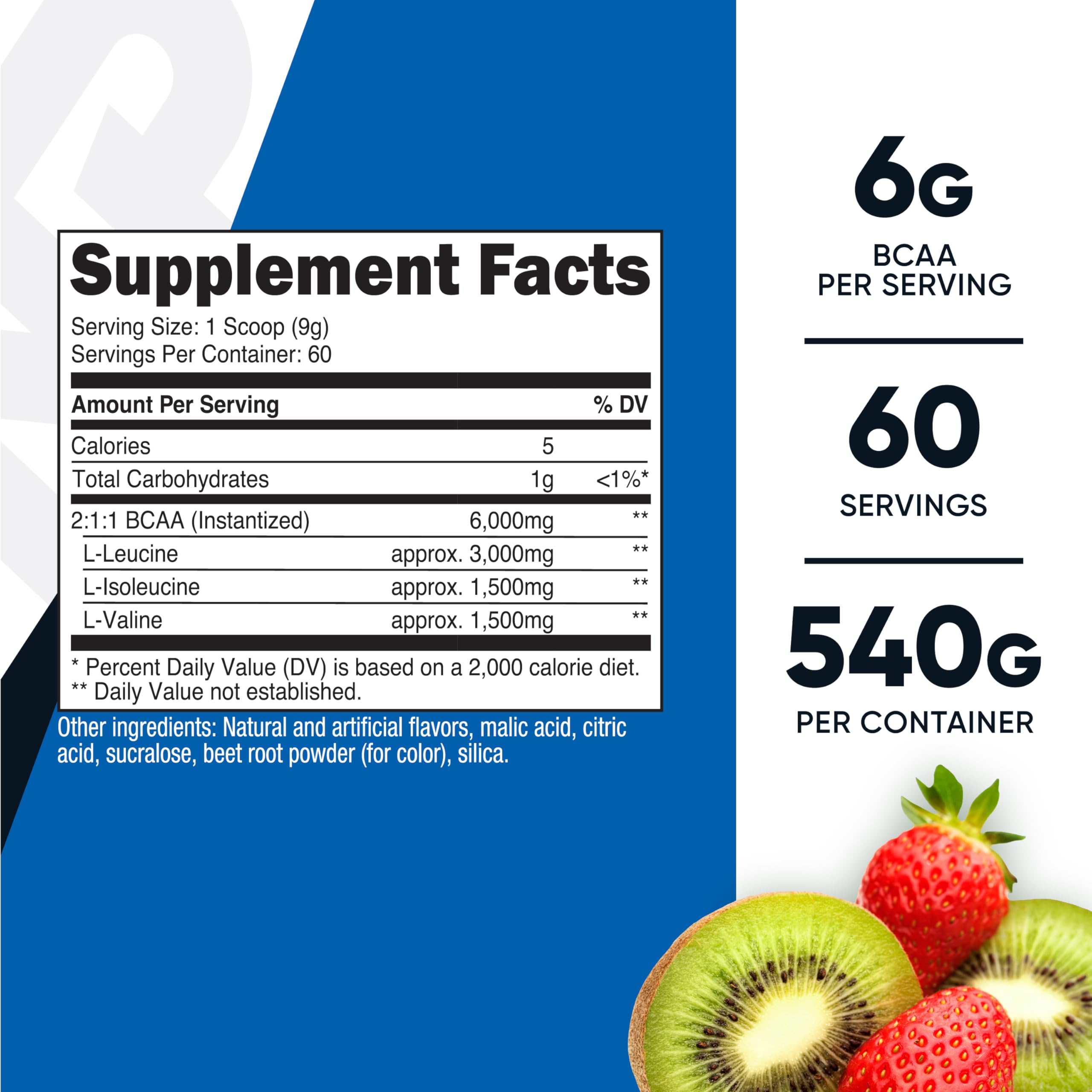 Nutricost BCAA Powder label highlights 2:1:1 ratio for balanced amino supplementation.