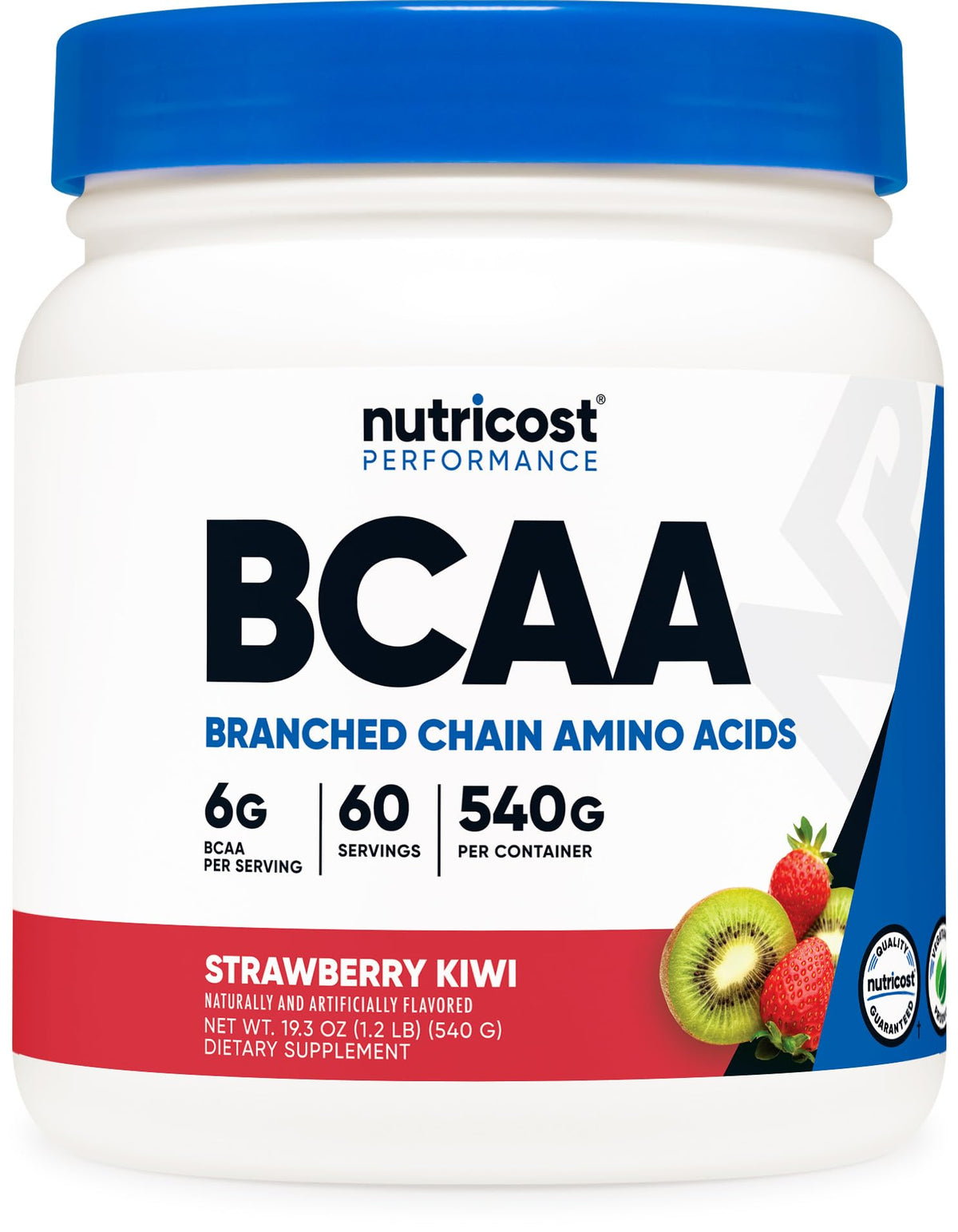 Nutricost BCAA Powder Strawberry Kiwi tub boosts post-workout recovery with 6g amino acids per serving.