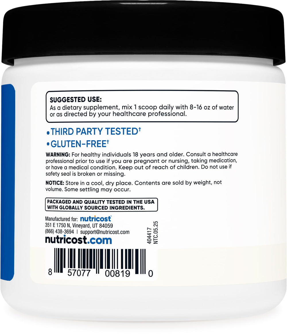 Nutricost BCAA Powder third-party tested seal indicating quality.