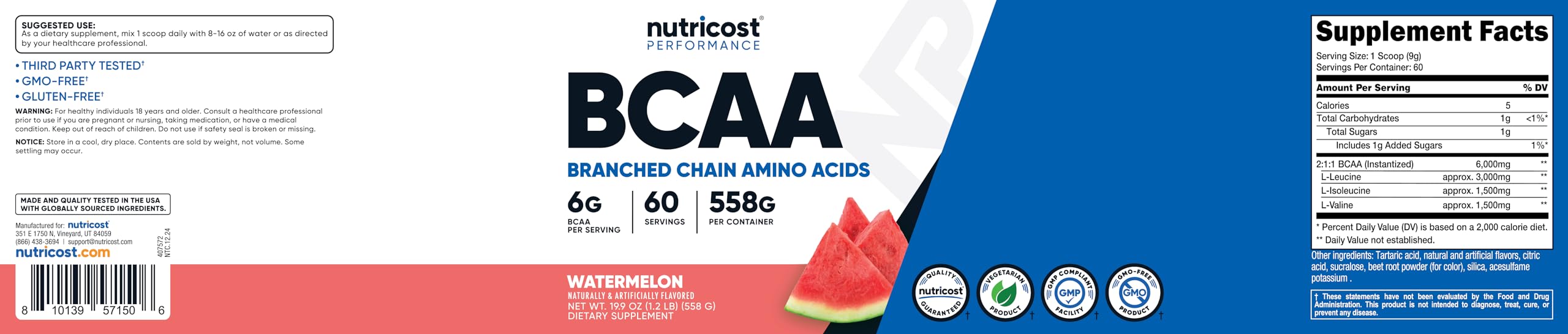 Nutricost BCAA Watermelon label close-up highlighting 6g per serving
