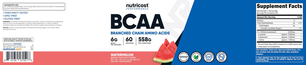 Nutricost BCAA Watermelon label close-up highlighting 6g per serving