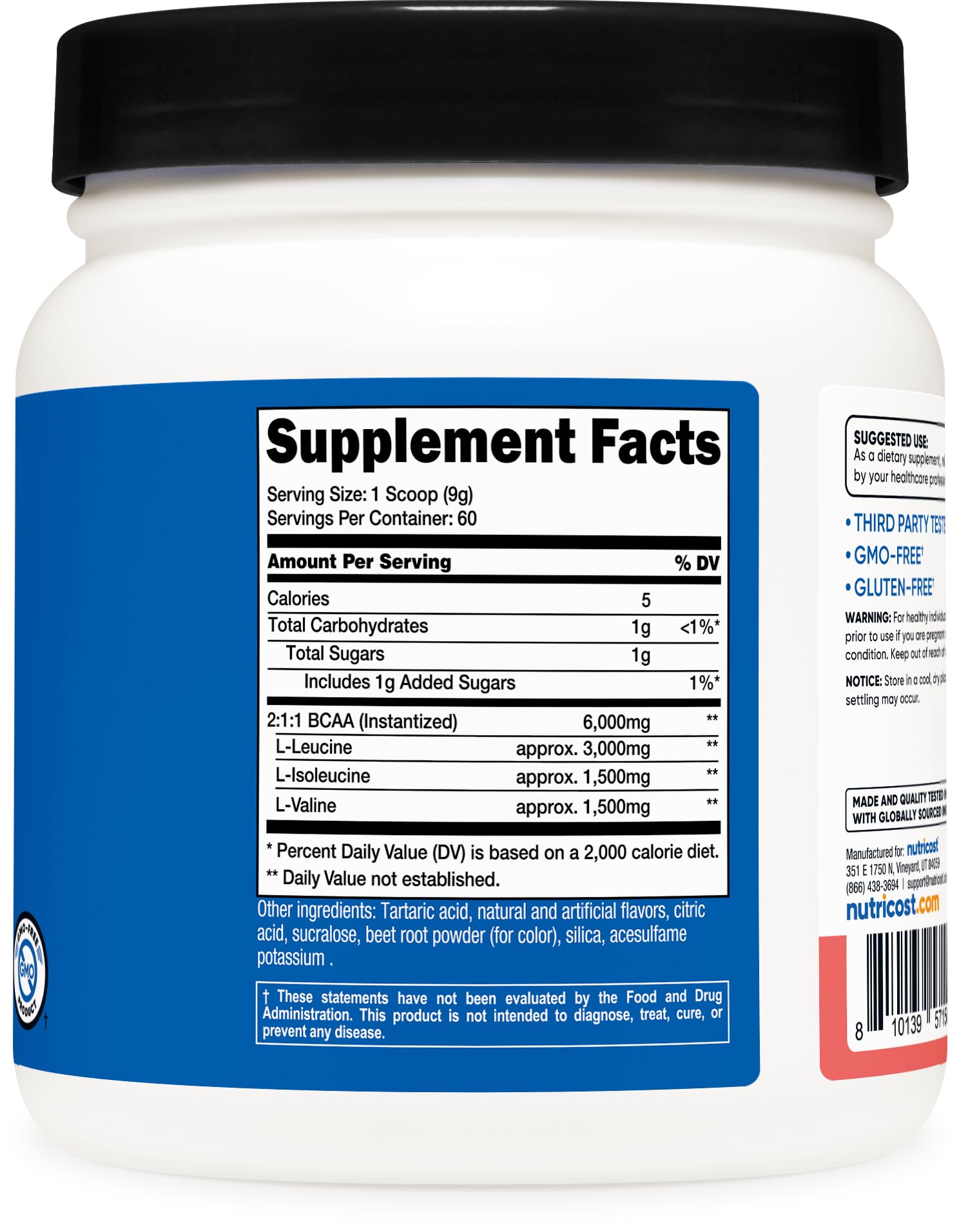 Nutricost BCAA Watermelon serving scoop beside the tub for quick mixing