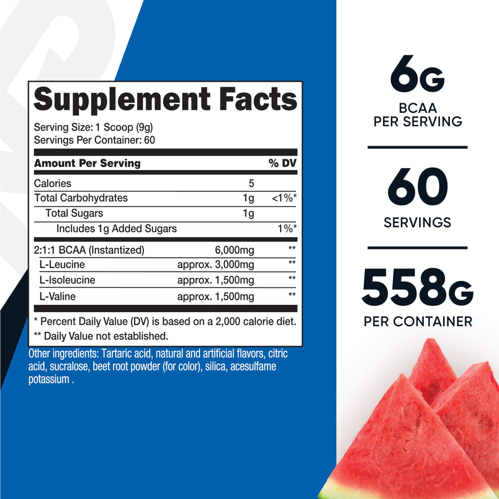 Nutricost BCAA Watermelon tub opened with scoop ready to mix after training