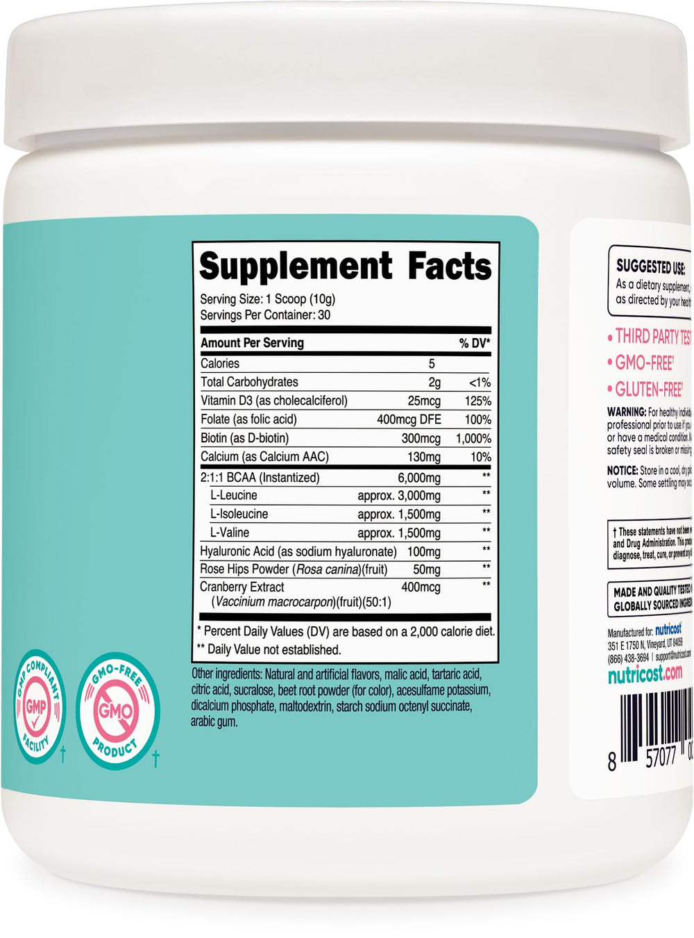 Nutricost BCAA for Women packaging display highlighting gluten-free and non-GMO features