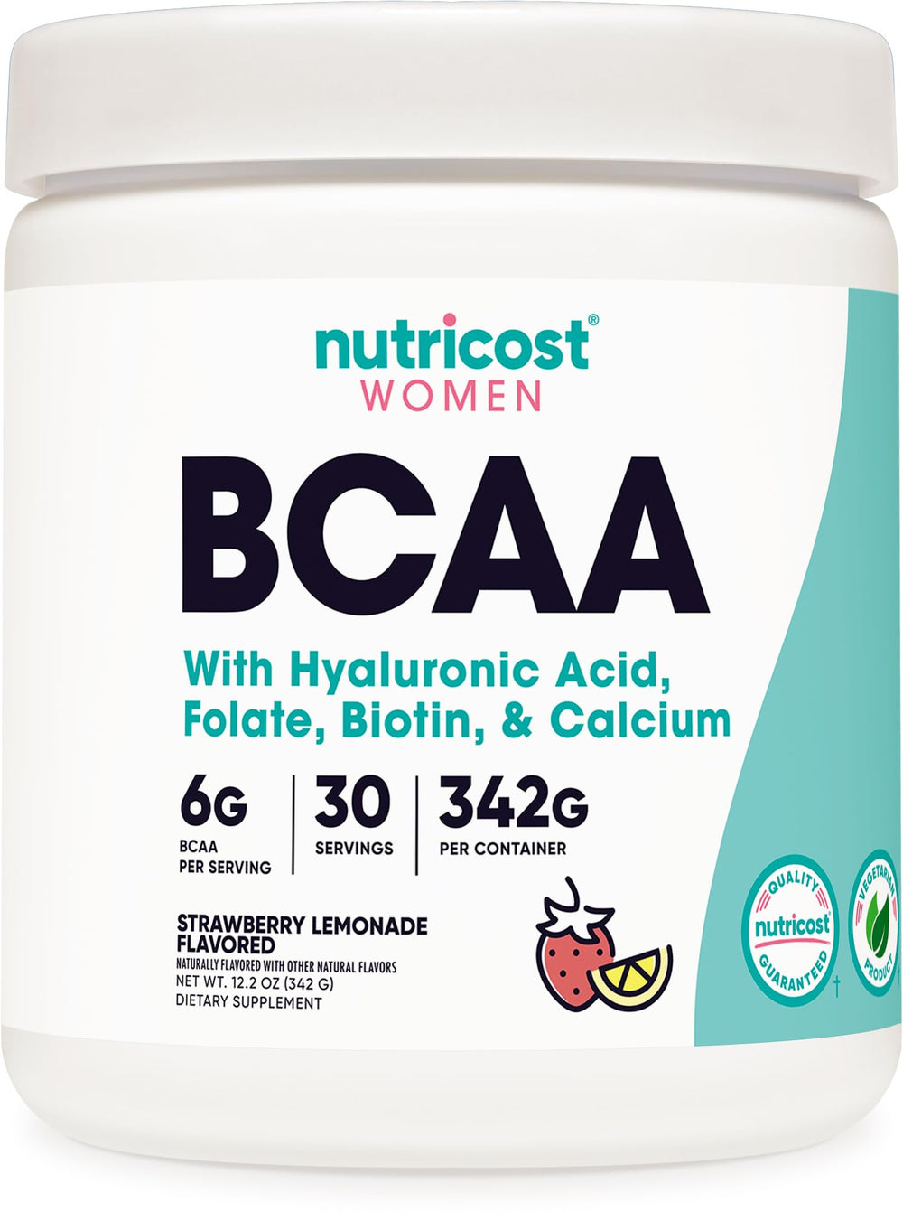 Nutricost BCAA for Women, bottle pour, supports post-workout recovery with Strawberry Lemonade flavor.