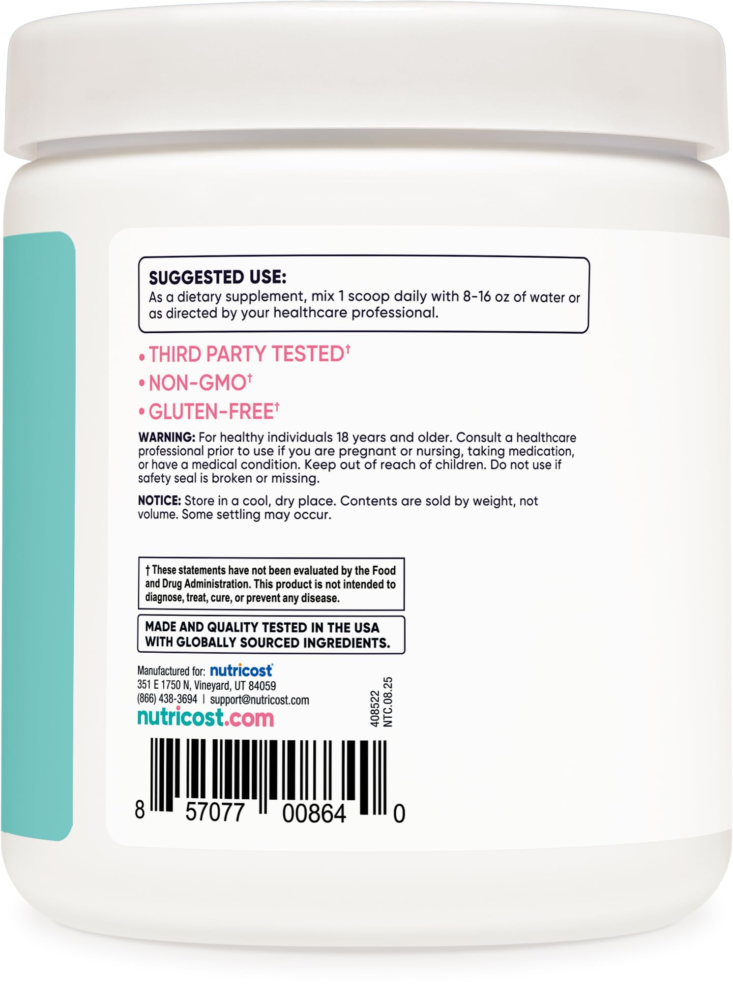 Nutricost BCAA Women ingredients panel, 2:1:1 ratio for balanced intake.