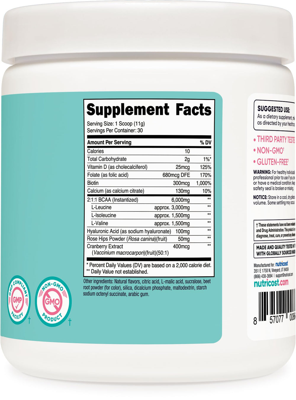 Nutricost BCAA Women promo carton, 30 servings, strawberry lemonade flavor.