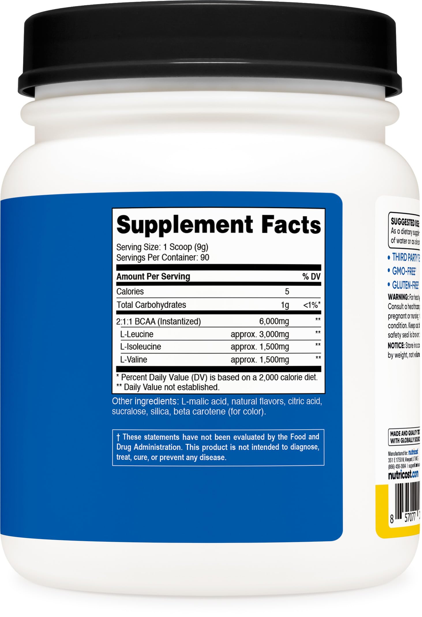 Nutricost BCAA Pineapple Bottle Front showing flavor and serving count.
