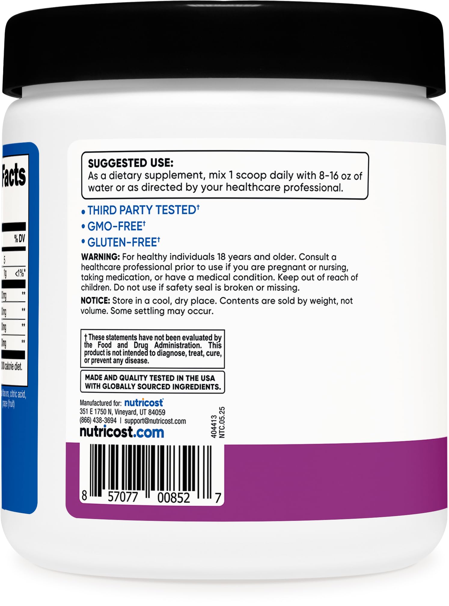 Nutricost BCAA Powder grape scoop and bottle illustrate optimal amino acid ratio.