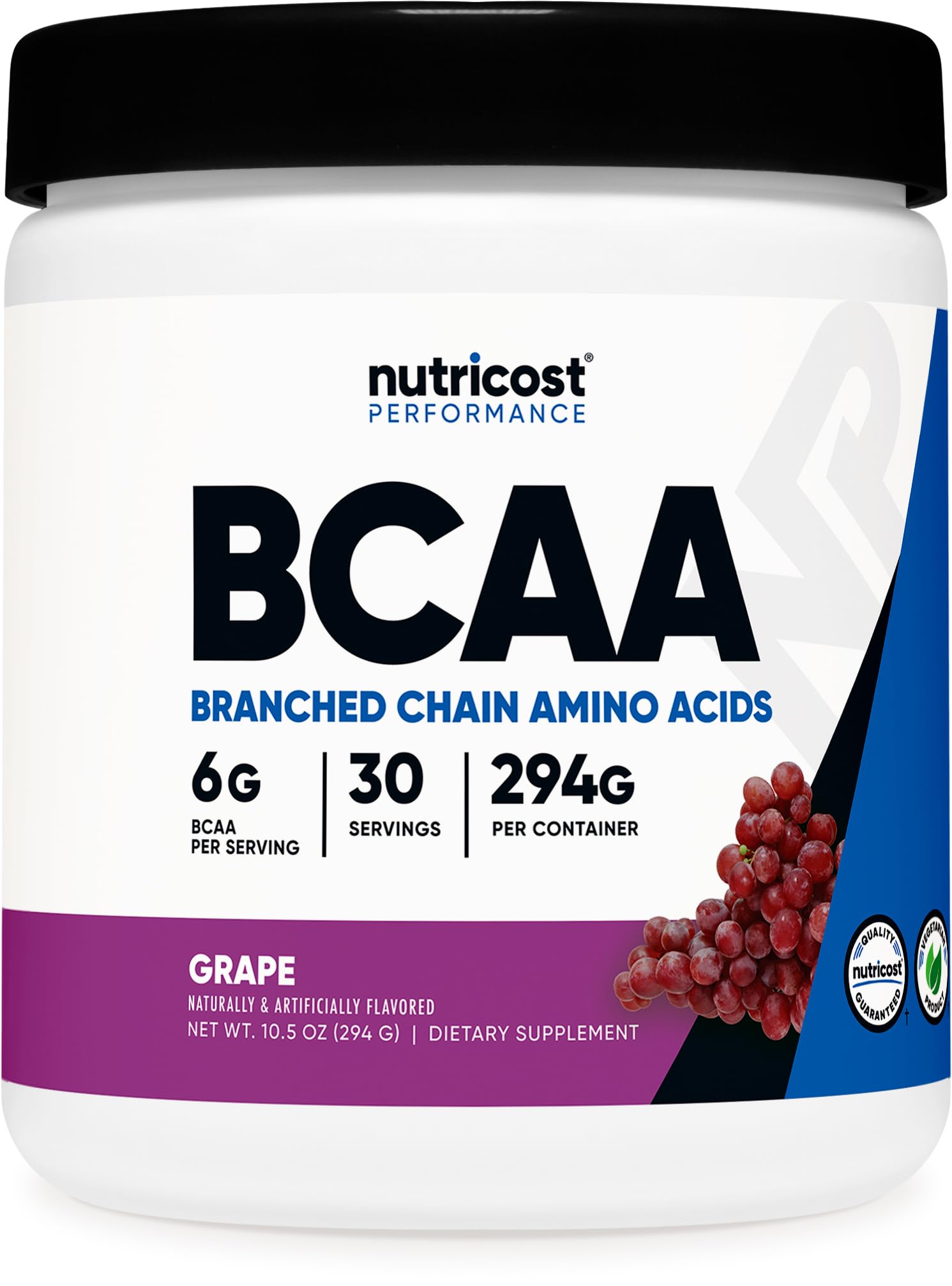 Nutricost BCAA Powder grape bottle with refreshing flavor supports workouts.