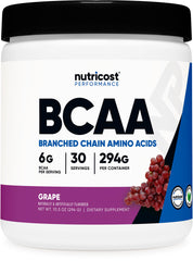 Nutricost BCAA Powder grape bottle with refreshing flavor supports workouts.
