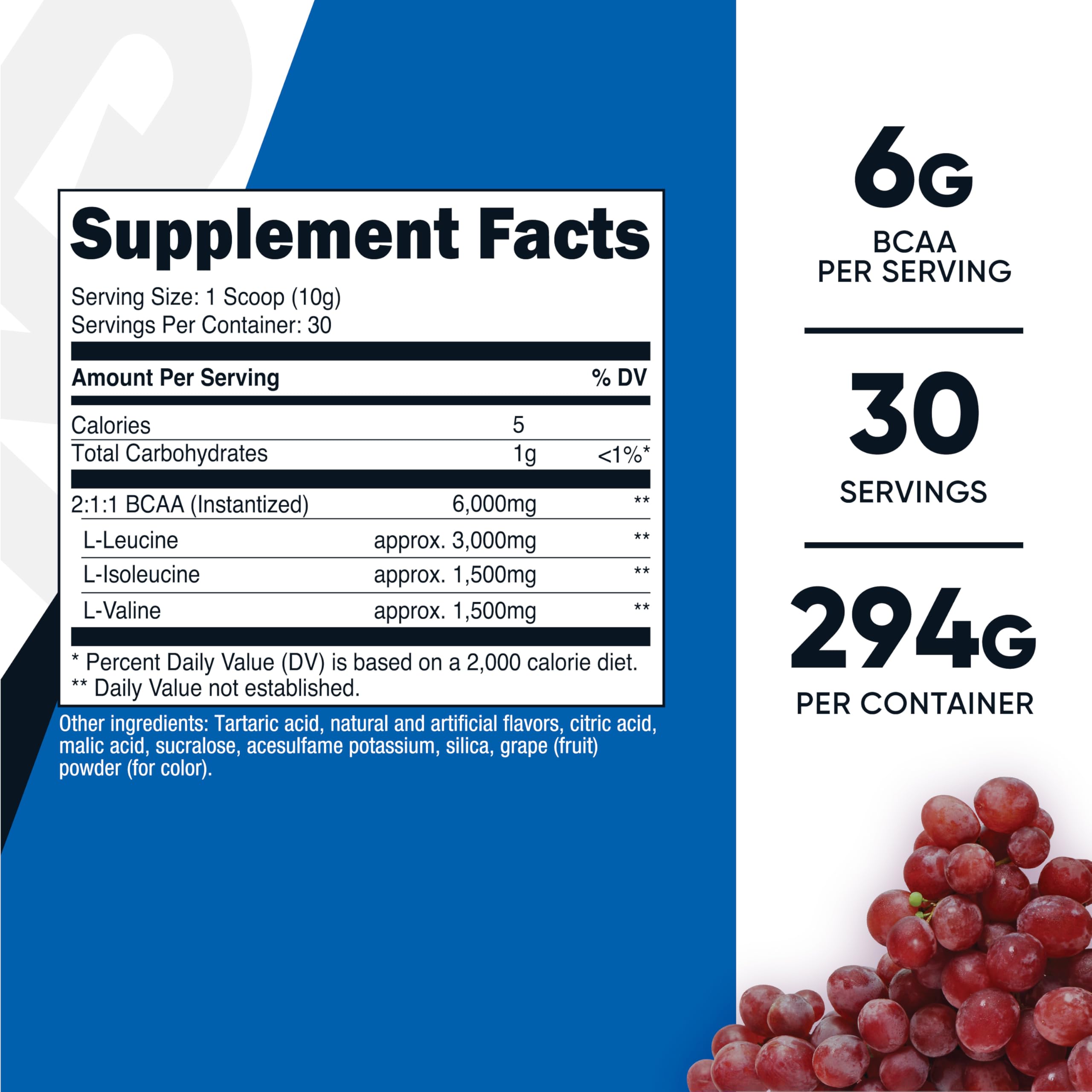 Nutricost BCAA Powder grape serving scoop highlights 30 servings per bottle.