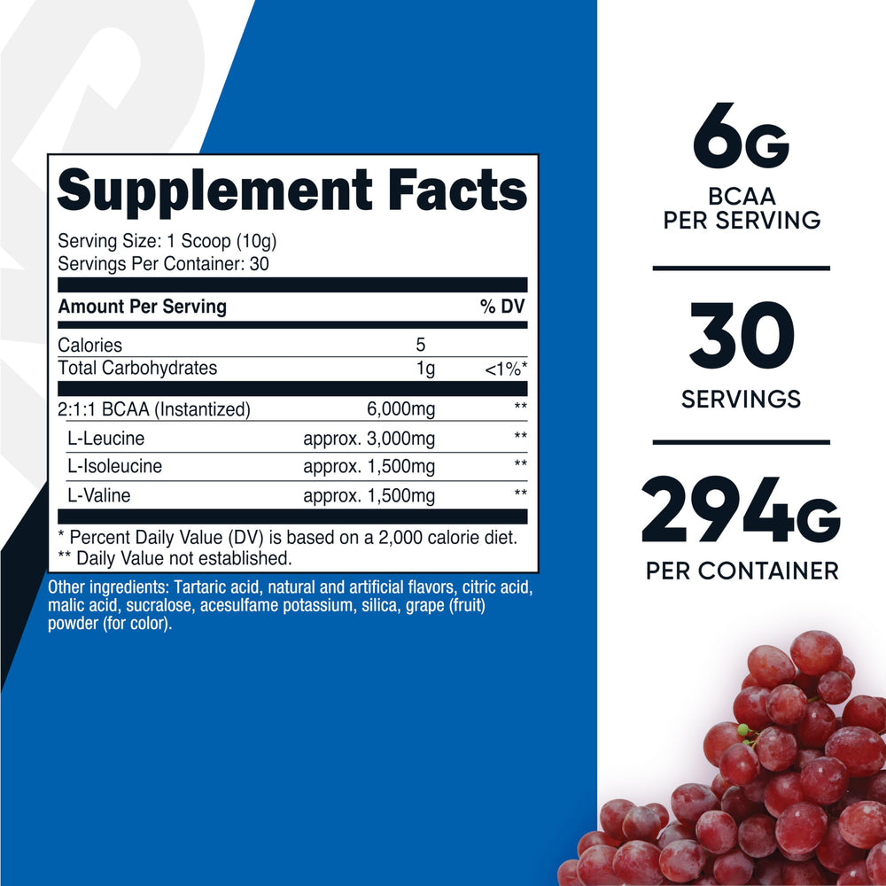 Nutricost BCAA Powder grape serving scoop highlights 30 servings per bottle.