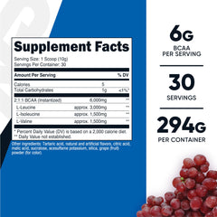 Nutricost BCAA Powder grape serving scoop highlights 30 servings per bottle.