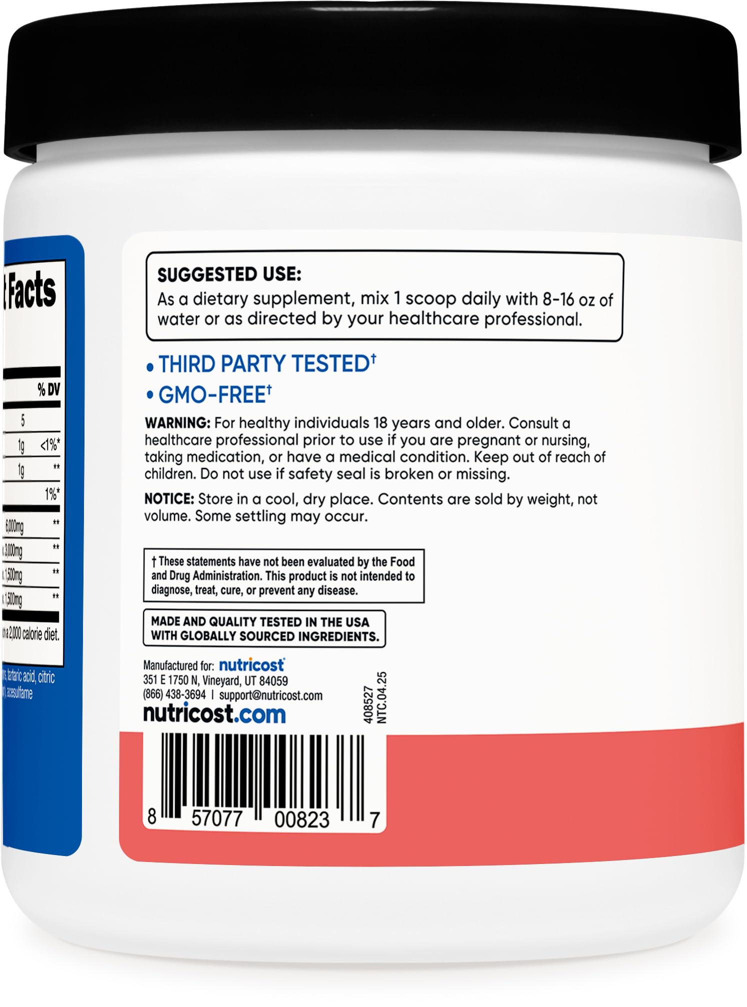 Nutricost BCAA powder watermelon label close-up shows non-GMO and gluten-free assurances
