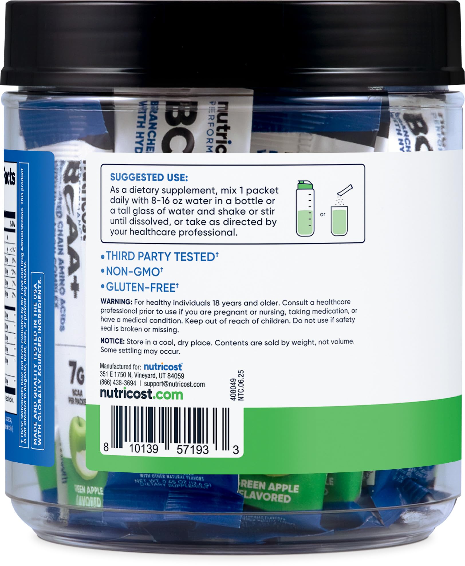 Nutricost BCAA+ Hydration Green Apple label highlights gluten-free formula